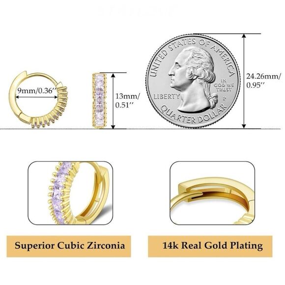 14K Yellow Gold with Purple Amethyst Cubic Zirconia Princess Cut Huggie Earrings - Picture 6 of 6